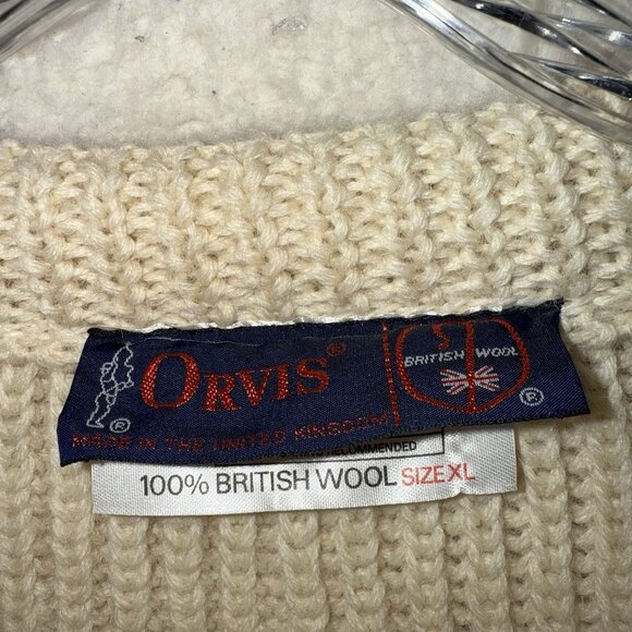 Orvis British Wool Sweater Fisherman Chunky Crew Neck Elbow Patch Cream Ivory XL - Picture 2 of 10